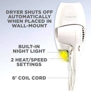 Conair 1600 Watt Wall-Mount Hair Dryer with LED Night Light, White